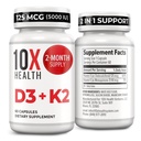 10X Health Vitamin D3 5000 i.e. & K2 MK7 - menakinon 7, visokopotenzivna D3 K2 Vitaminska dopolnila za zdravje kosti, srce in zobe - 125 μg Vitamin D & 90 μg Vitamin K2-60 Kapsule