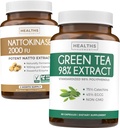 Nattokinase & zeleni čaj (1-mesečna zaloga) Energy Boost Bundele - Nattokinase 2000 FU Zmogljiva naravno fermentirana soja (60 kap) & izvleček zelenega čaja 98% z EGCG (Non-GMO) Naravna presnova Boost