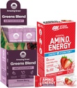 Neverjetna travnata mešanica Optimum Nutrition Essential Amino Energy Plus Elektrolitski paketi, Energy Powder, Strawberry Burst, 7 Count Greens Superfood Antioksidant: Sweet Berry, 15 Servings
