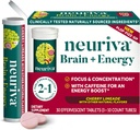 NEURIVA Brain + Energy dodatek s klinično testiran nevrofaktor za fokus in koncentracijo, vitamin B12, & 150mg kofeina za takojšnjo energetsko okrepitev, 30ct Cherry Limeade šumeče tablete