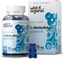 Wild & Organic L-metilfolat 15mg Gumies - Mood & Brain Support - Folate 5-MTHF dodatek za možgane, fokus, Clarity - Folat dodatek w/vitamin B9-60 Non-GMO L Metilfolate Gumies