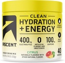 Ascent Clean Hydration + Energija Elektroliti v prahu - 100mg kofein, 400mg Elektroliti, brez umetnih sestavin, Citrus 40 Servis