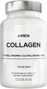 Amen Večkolagenske peptide Kapsule s hialuronsko kislino in vitaminom C - 5 Vrste kolagenskih beljakovin Tip I, II, III, V, X - Hidrolizirana krma za travo - 18 Aminokisline - Kolagen Dodatek - 90 Tablete
