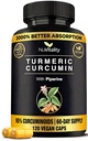 Kurkumin s črnim izvlečkom paprike (Piperine) - 120 Veggie Tumerične Kapsule - Premium 95% Standardizirani kurkuminoidi - Visoka absorpcija in moč - Skupni dodatek