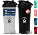 2 Pack 45 oz Stresalnik Protein Steklenice z žico Whisk – BPA-free, Leak-Proof Shaker skodelice za stresalniki in napitki – Velika plastična mešalna steklenica – Classic Bela & Polnočna črna