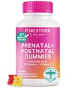 Pink Stork Plodnost + Prednatal + Postnatal Gummy Vitamini – Polna materinska podpora Potovanje – Multivitaminski s Folat, B Vitamini, Cink & Biotin – 60 Razvrščeni sadni gumiji