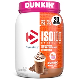 Dymatize x Dunkin' Mocha Latte ISO100 Whey Protein Powder, 95mg Kofein, 25g beljakovin, 5,5g BCAA, 120 Cal., Gluten Free, 1g maščobe, 1g sladkorja, 3g ogljikovih hidratov (20 servivov)