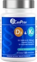 CanPrev D3 & K2 Vitamini 120 Softgels, 120-dnevna dobava, 1000IU Vitamin D3 & 120mcg K2, Podpira močne kosti, Zobje in srce Wellness, Easy-to-Absorb z organskim kokosovim oljem, Brez GSO, Gluten, Soja, Mlekarna