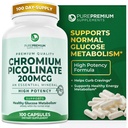 PurePremium Chromium Pikolinat 200mcg - Visoka potenca Krom dopolnila - Essential Mineral Health Support za moške/ženske - Gluten-free - 3 mesece dobave - 100 kapsul