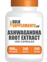 BulkSupplements.com Root Extract kapsule Ashwagandha - Ashwagandha 600mg, Ashwagandha dodatek, Root Kapsule Ashwagandha, Vegan & Gluten Free, 1 Kapsule na Serving, 240 Veg kapsule