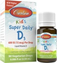 Carlson Kid's Super Daily D3, 600 i.e. (15 μg) na kapljico – kapljice tekočega vitamina D za otroke, 90 kapljic (2,54 ml), vegetarijanec, nearomatiziran