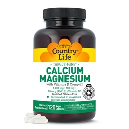 Country Life Target-Mins Calcium Magnesium with Vitamin D-Complex, 1000mg/500mg/10mcg, 120 Vegan Capsules, Certified Gluten Free, Certified Vegan, Verified Non-GMO Verified
