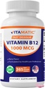 Vitamatski vitamin B12 1000 mcg Fast Dissolve – 365 tablete – Natural Berry Flavor – Podpira energijo Presnova in zdravje živčnega sistema