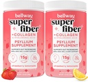 Bellway Super Fiber Powder + Collagen (2 paketa), brez sladkorja Psyllium Husk Powder s kolagen peptidi za zdravje črevesja, zdrave kože, nohti, kosti in sklepi, Jagodna limonada (22.92 oz)